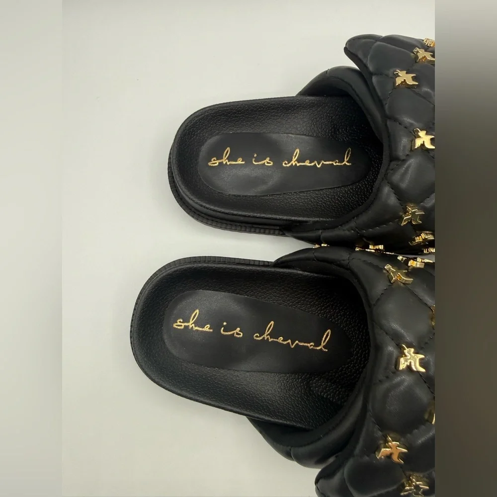 She Is Cheval Black Quilted Slide Sandals W/Gold Accents Comfort Designer Style - Picture 9 of 17